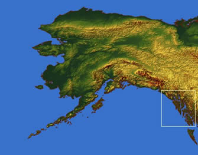 Map of Alaska showing the Tinglit region in the bottom corner closest to what is now Canada