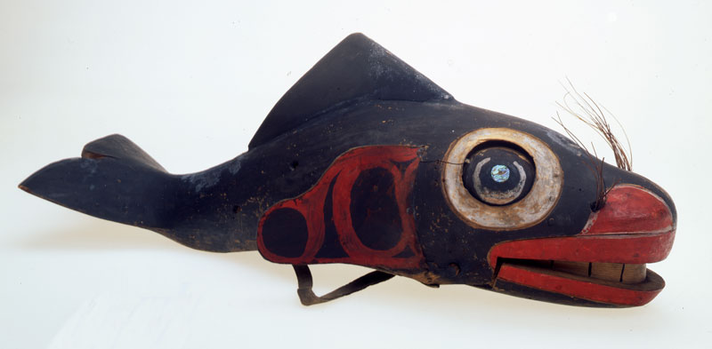 Wooden whale carving painted blue and red