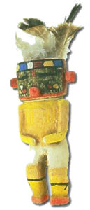 Yellow bodied carved doll with feathered headdress