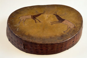 Hide drum with two elk painted on head