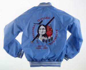 Blue satin jacket emblazoned with Native American